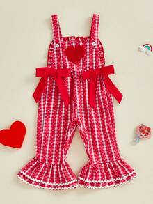 Baby Girl Overalls Sleeveless Heart Embroidery Jumpsuit Flare Suspender Pants Valentines Day Outfit - 紅色 - 查看 6