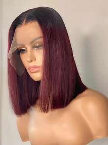 渐变色 99J 酒红色波波头假发，真人发丝，13x4 蕾丝前额假发，短直波波头真人发假发，专为设计，预先拔毛，150% 密度，颜色 1B/99J，16 英寸