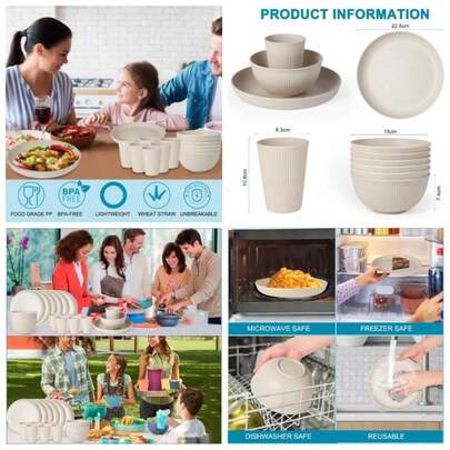 Juego de vajilla de paja de trigo, juego de platos irrompibles, platos reutilizables, cuencos y tazas, platos, lavaplatos y microondas, apto para cocina, al aire ltima intervensin, viajes, camping