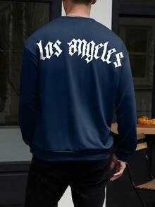 Men's Letter Print Crew Neck Loose Fit Casual Sweatshirt, Spring/Autumn - Navy Blue - View 1