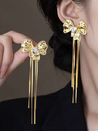 Pendientes de borla con lazo de strass, diseño de moda único, pendientes de lujo delicados para mujeres