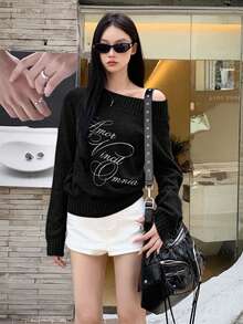 女士针织毛衣，新款韩版秋冬款，不对称斜肩长袖上衣，宽松慵懒针织衫，黑色圣诞新年显瘦弹力上衣