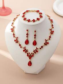 1 Set Elegant Luxury Romantic Floral Teardrop Rhinestone Jewelry Set, High-End Bridal/Wedding/Party Accessories, Intimate Gift - Red - View 2