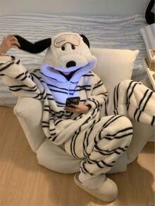 Thick Women's Winter Coral Fleece Top And Pants With A Fluffy, Brushed Lining. Soft Pajamas For Women. Long-Sleeved Loungewear. Warm And Cute. Perfect For Fall And Winter. - Striped Dog Suit - View 3