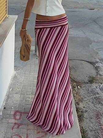 Ny snygg elegant stickad tygtryckt randig maxikjol, lämplig för strand, semester, vardagskläder, resor