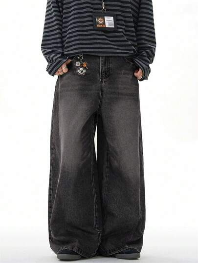 1 st. herrjeans med vintagetvätt, lös passform och vida ben, boyfriendjeans, avslappnad och mångsidig unisexmodell, grungefärgade