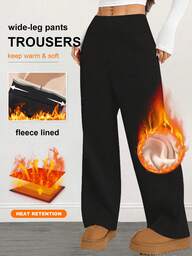 女士高腰抓绒阔腿裤 - 纯色，柔软舒适，宽松版型，保暖加厚设计，秋冬季休闲裤，户外百搭直筒裤，弹性腰带