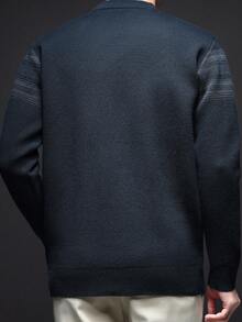 Grey Men's Casual Striped Crew Neck Thick Knit Sweater, Winter