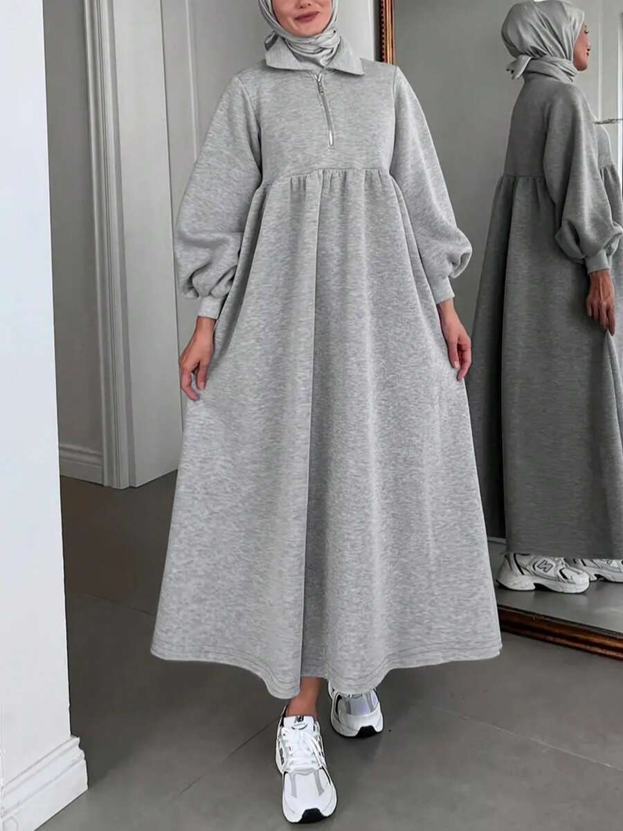 Solid Color Half Zip Casual Loose Long Sleeve Arabic Robe