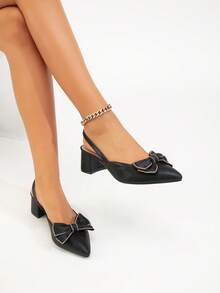 1 Pair Women's Black High Heel Shoes With Bow, Solid Color, Cute, Elegant, Fashion, Suitable For Commuting, Business, Party, Made Of PU Leather, Chunky Heel, Suitable For All Seasons - Black - View 1