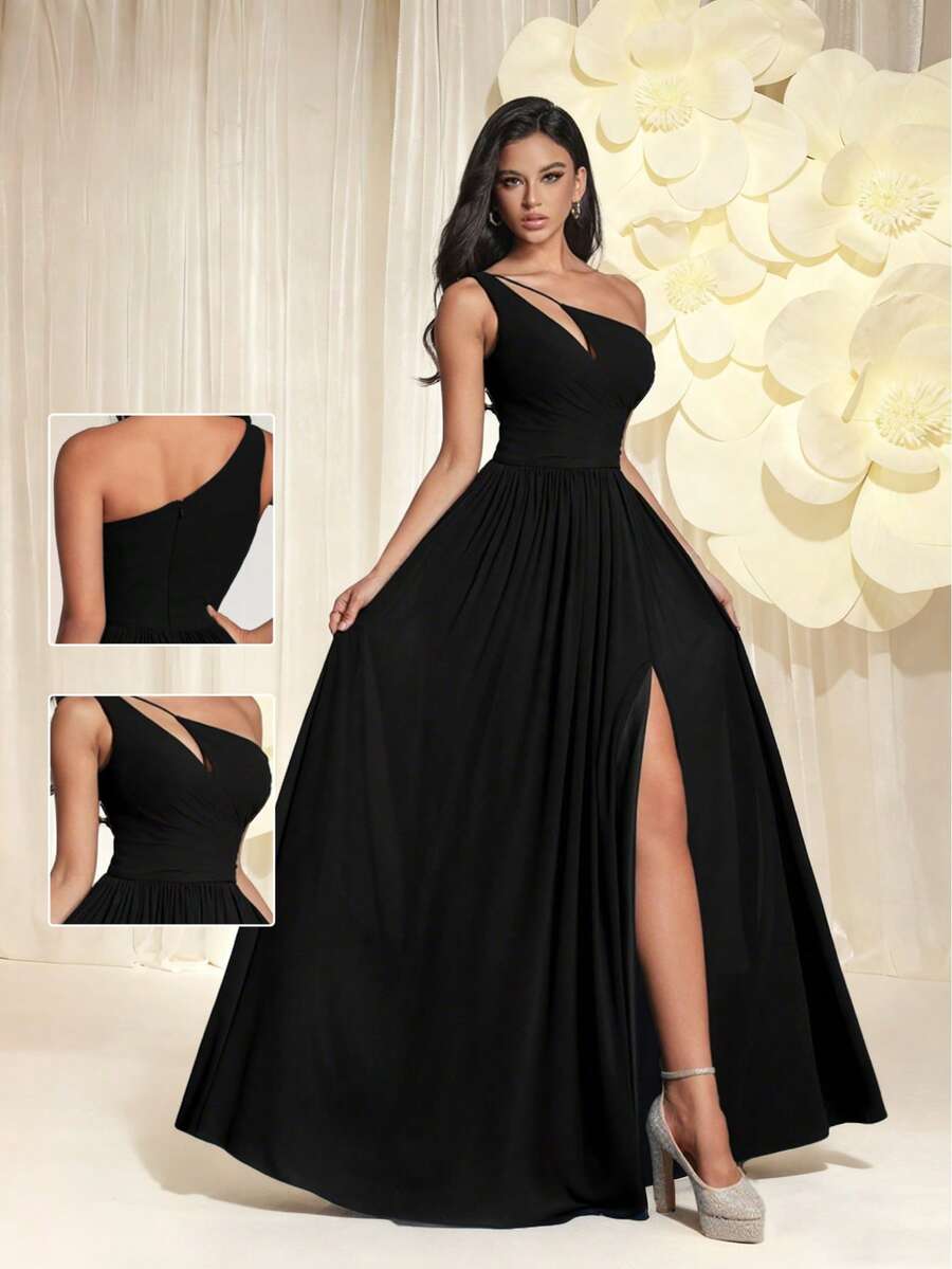 Vestido Longo de Noite Elegante Preto com Ombros à Mostra, Fenda Alta em Chifon, Vestidos Formais e de Noite Femininos, Vestidos de Formatura, Vestidos de Dama de Honra para Mulheres, Glamoroso, Clássico