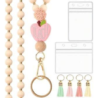 1条木珠挂绳，配硅胶珠、彩色流苏，证件套