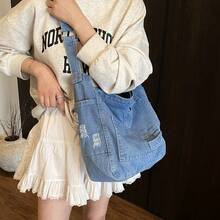 Torebka na ramię z dżinsu vintage, damska, duża pojemność, listonoszka, regulowany pasek, torba na ramię - Wielokolorowe - Zobacz 4