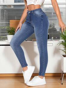 Pantalones vaqueros de mezclilla para mujeres con botones decorativos en unicolor diario simple, Jeans azul oscuro lavados lisos y ajustados para mujer, Vaqueros sexys elásticos y ajustados para levantar glúteos, versátiles con cierre de botón , bolsillos tipo slash para un look casual. - Azul - Ver 4