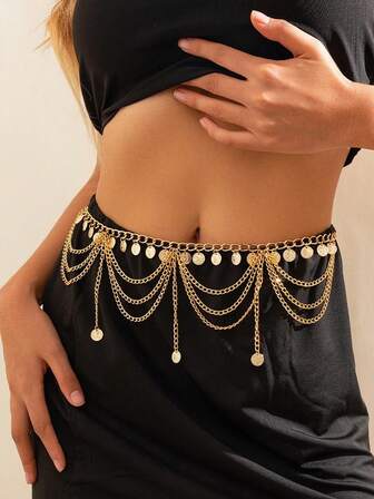 1 pieza Cadena de cintura con dije de moneda vintage, joyería para mujer para vacaciones y uso en fiestas