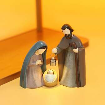 2件套圣诞耶稣诞生场景摆件，迷你圣家雕像，可摆放在桌面、书桌、书架、橱柜等处，独特的灯光设计，圣诞节节日装饰，新年礼物