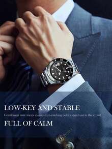 BIDEN 男士商务休闲腕表，银色不锈钢表带，防水，夜光指针，自动日期显示，石英机芯