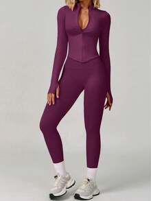 Yefecy Women's Street Style Fitness Set, Zip-Up Jacket Paired With Butt-Lifting Leggings, Fashionable Pieces Suitable For Gym To Street - Bold Plum - View 4
