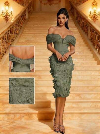 Smilprince Elegantes grünes midi-Kleid mit Off-Shoulder Schnitt, 3D-Blumen-Applikationen, Perlendetails, formelles Cocktailkleid, Abendkleid für Damen, Partykleid