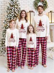 Cozy Merry Christmas Family Matching Pajamas Set For The Whole Family,Christmas Tree Letter Print Long Sleeve CrewNeck Loose Tee Shirt Tops + Plaid Pants Family Festival Party Xmas PJs Sets  For Home Gathering,Family Photos