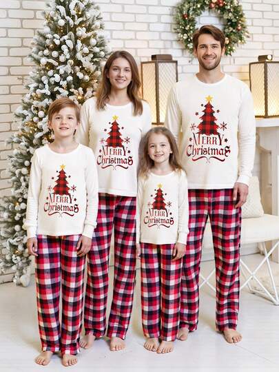 Cozy Merry Christmas Family Matching Pajamas Set For The Whole Family,Christmas Tree Letter Print Long Sleeve CrewNeck Loose Tee Shirt Tops + Plaid Pants Family Festival Party Xmas PJs Sets  For Home Gathering,Family Photos