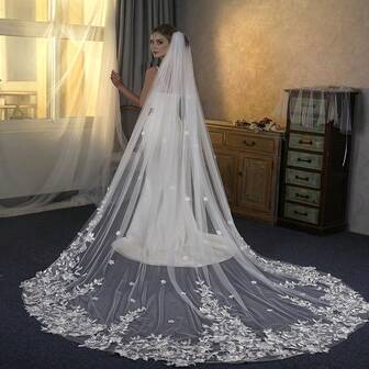 1 pieza Velo largo de encaje para novia, velo de una sola capa para ceremonia de boda romántica y fotografía de viaje con peine para el cabello