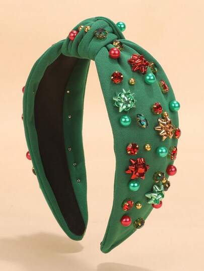 1pc Fabric Christmas Element Headband, Fashionable Faux Pearl Rhinestone Christmas Hat, Bells, Snowflake Decor, Christmas Holiday Essential Headpiece (Red, Green Headband)