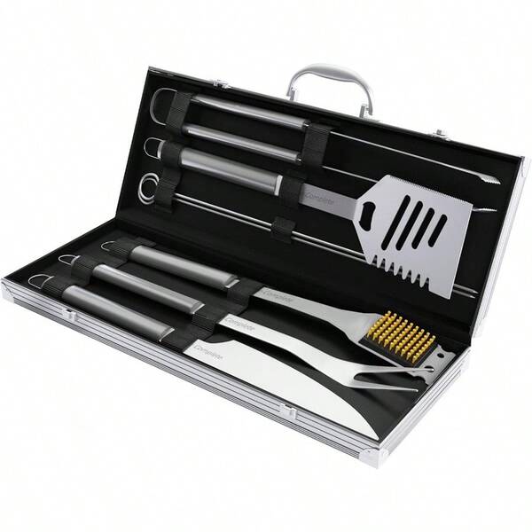7Piece StainlessSteel BBQ Cooking Utensils Set Barbecue Grill Accessories With Aluminum Portable Handled Storage Case By HomeComplete Silver