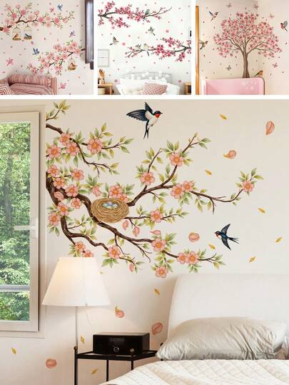 BRUP 2 Sheets Pink Blossom Wall Sticker With Bird Nest And Swallows, Removable Peel And Stick Branch Decal For Pink Girl's Room Living Room Bedroom Baby Room Decor, Spring Floral Theme Art