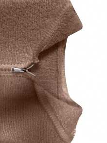 Women's Solid Color Knit Cardigan With Zipper Pockets, Casual Wear - Khaki - View 5