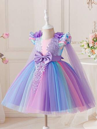Princess Dress For Girls, New European And American Style, Lace Cap Sleeve Dress, Handmade 3D Floral, Sweet Lilac Color, Tulle Skirt, Baby's 1st Birthday, Party, Performance, Special Occasion, Children's Day Costume, Rainbow Gradient Bowknot Dress