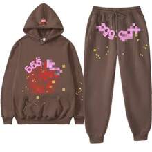 Y2K Sp 5der 55555 Letter Jogger Pants Spider Web Print Couple Sweatshirt Men And Women Hoodie Sweatshirt Set - Y黃色黃網白sp5der - 查看 3