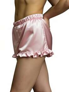 Women's Satin Pajama Shorts Loose Fit Solid Color Ruffled Trim Sleep Shorts - Pink - View 4