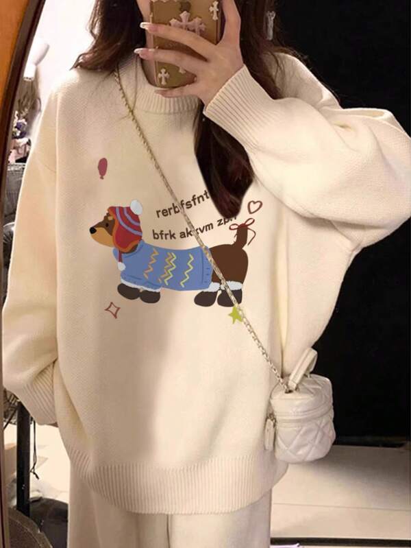 Women's Cute Cartoon Puppy Print Casual Loose Fit Pullover Sweater, Warm & Versatile, Suitable For Daily Wear, Homewear And Streetwear, Apricot Color, Autumn/Winter