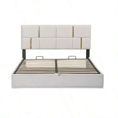 Queen Size Upholstered Platform Bed With Hydraulic Storage System No Box Spring Needed Beige