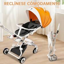 Carriolas para Bebés Plegado giratorio con un solo toque + Reclinable + Capota blanca con gato de la suerte