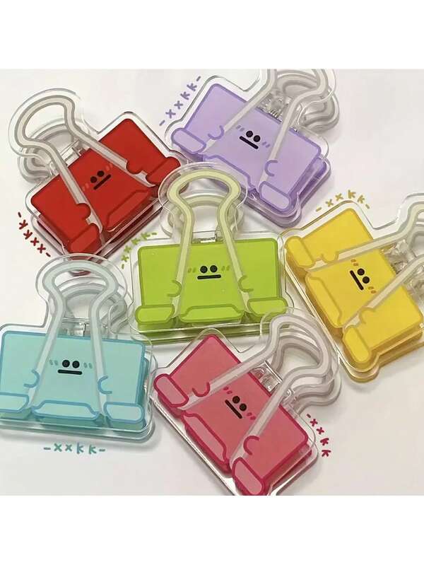 12pcs Random Cute Smiling Face Big Eyes Acrylic Binder Clips, With Cheerful Sticker-Like Charm, Multi-Color (White, Pink, Blue, Yellow, Red, Purple)