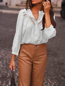 Blusa de mujer, detalles de costura de encaje de unicolor, elegancia romántica exquisita - Blanco - Ver 7