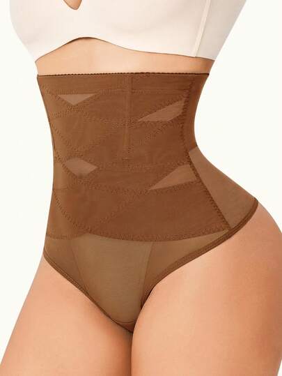 Tummy Control Thong Girdles For Women High Waist Thong Shapewear Body Shaper Underwear - Brown