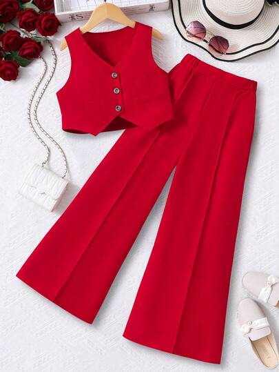 Conjunto de moda estilo francês para crianças e meninas, colete, top com calças de terno, versátil