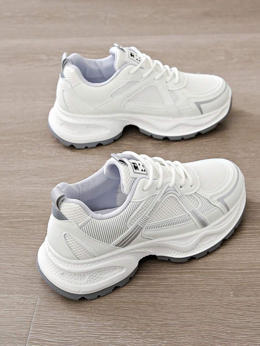 Women's Spring/Summer/Autumn New Mesh Breathable Platform Wedge Sneakers, Lightweight Casual Lace-Up Fashion Sneakers, White/Gray, Casual Running Shoes - Grey - View 1