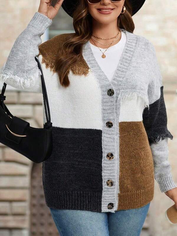 Cárdigan de manga larga con botones delanteros y puños a contraste, hecho de tela de lana de uso diario para mujer de talla grande
