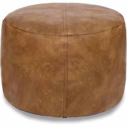 Unstuffed Faux Leather Pouf Cover, Handmade Footstool Ottoman Storage Solution, Floor Footrest Cushion - 16.5"Dx12"H, Mocha