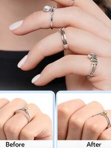 一套4个不同尺寸的戒指尺寸调节器，几乎适用于任何戒指。透明硅胶材质，隐形隔片，可轻松调节戒指尺寸，无需改变戒指本身大小。男女皆宜的珠宝配饰。