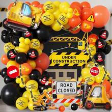 128pcs Construction Truck Themed Balloon Garland Arch Set, Including Excavator, Crane Foil Balloons And Black, Orange And Yellow Latex Balloons. Perfect For Birthday Parties, Baby Showers, First Birthday Parties, Outdoor Parties, Cartoon Excavator Themed Parties.