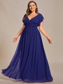 EVERPRETTY Vestido de dama de honor de boda con cuello en V, unicolor, cintura alta, sin mangas, plisado, azul, para fiesta de boda, atuendo de invitado de boda de primavera/verano - azul real - Ver 5