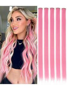5片粉色夹式接发，20英寸长直发，夹式合成材质，适合万圣节角色扮演、装扮、时尚派对、圣诞节、新年等场合，可作为女性礼物，也可用于圣诞节、新年狂欢节、音乐节等场合（粉色）。