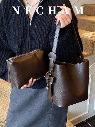 2pcs, With Small Coin Purse, Simple Style Bucket Bag, Women's Retro Handbag, Wide Shoulder Strap, Women's Cross-Body Bag, Solid Color Faux Leather Handbag, Designer Crossbody Bag, With Adjustable Shoulder Strap