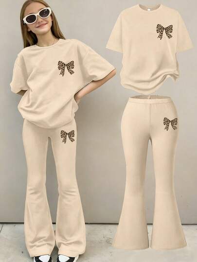 2pcs/Set Teen Girls Butterfly Print Short Sleeve T-Shirt And Flare Pants Outfit, Spring/Summer