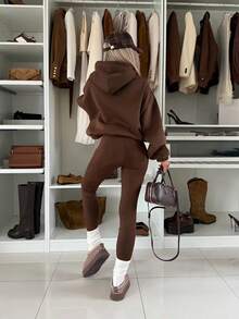 女士纯色针织面料抽绳下摆弹力肩部宽松卫衣，适合约会、婚礼、运动、健身、生日派对、秋冬休闲穿着。 - 咖啡棕 - 查看 9